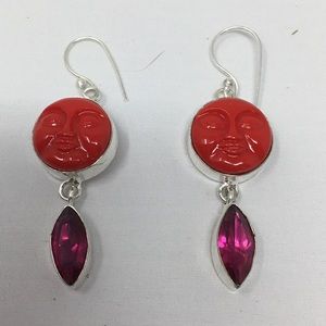 925 Sterling Silver, Carved Jasper & Red Stone Drop Earrings – NWOT